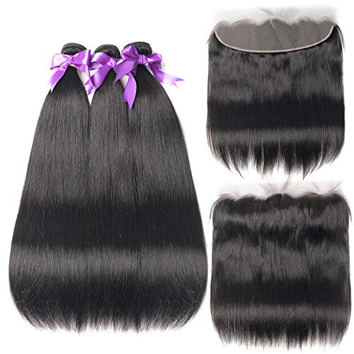 Brazilian Straight Hair 3 Bundles With Frontal Closure 13x4 Ear To Ear Lace Frontal With Bundles Unprocessed Virgin Human Hair Extensions Natural Color (18 20 22+18Frontal)