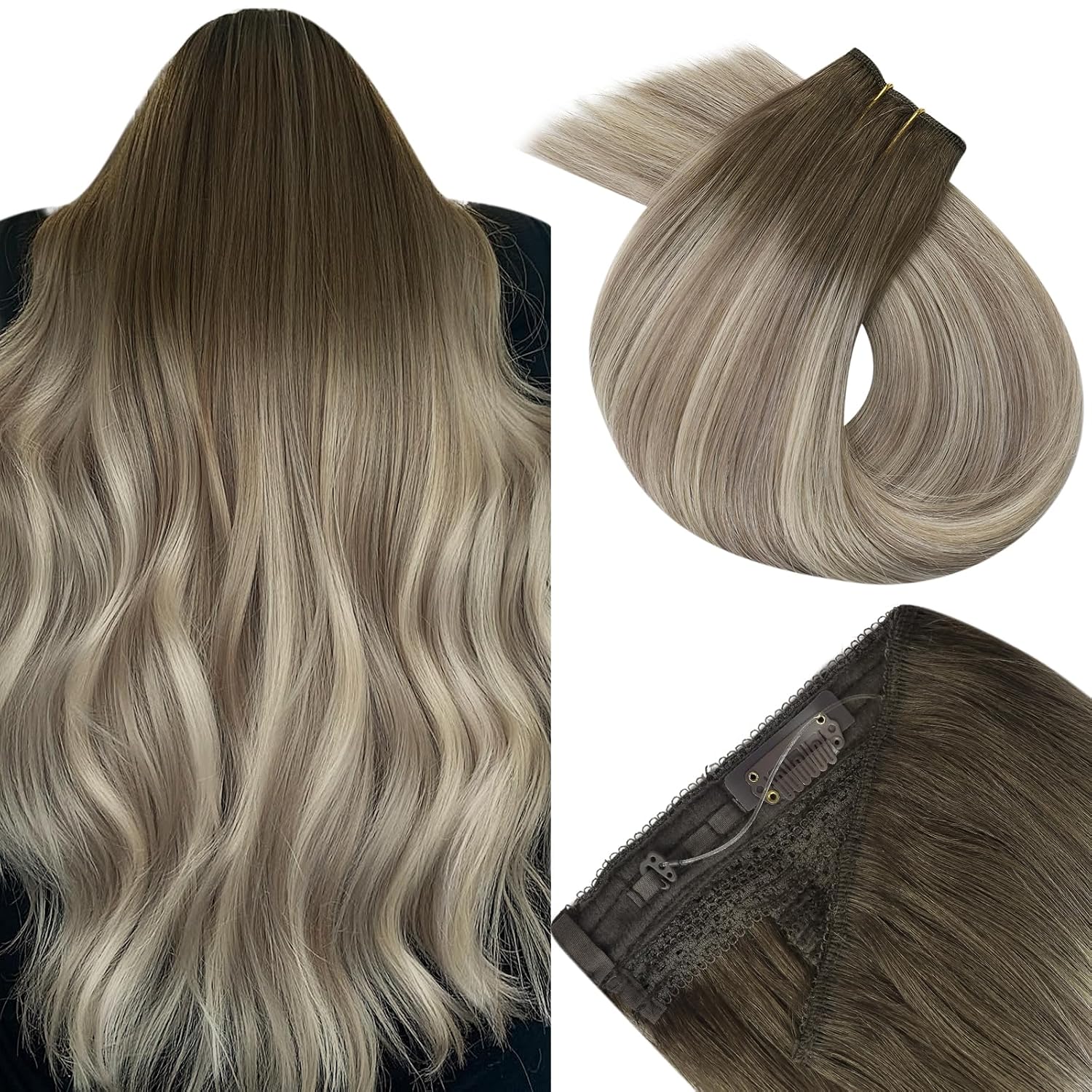 Easyouth Wire Extensions Real Human Hair Ombre Wire Hair Extensions Human Hair Dark Brown Ombre Light Brown Balayage Blonde Fish Line Hair Extension Real Human Hair Natural Look 12 Inch 70g