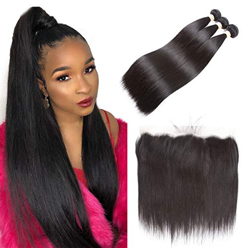 Brazilian Straight Hair 3 Bundles With Lace Frontal Closure - 12, 14, 16 Inch, Ear to Ear, Unprocessed Virgin Human Hair, Natural Color