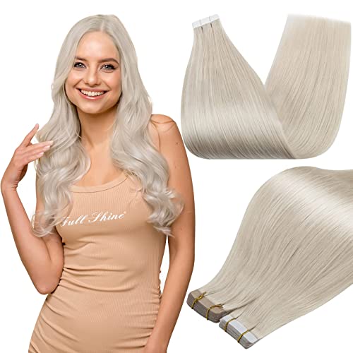 Full Shine Tape in Hair Extensions Silky Straight 18 Inch Color 1000 Blonde Adhesive Tape in Hair Extensions Human Hair 100 Percent Remy Human Hair Soft Glue in Brazilian Hair 20 Pcs 50 Grams