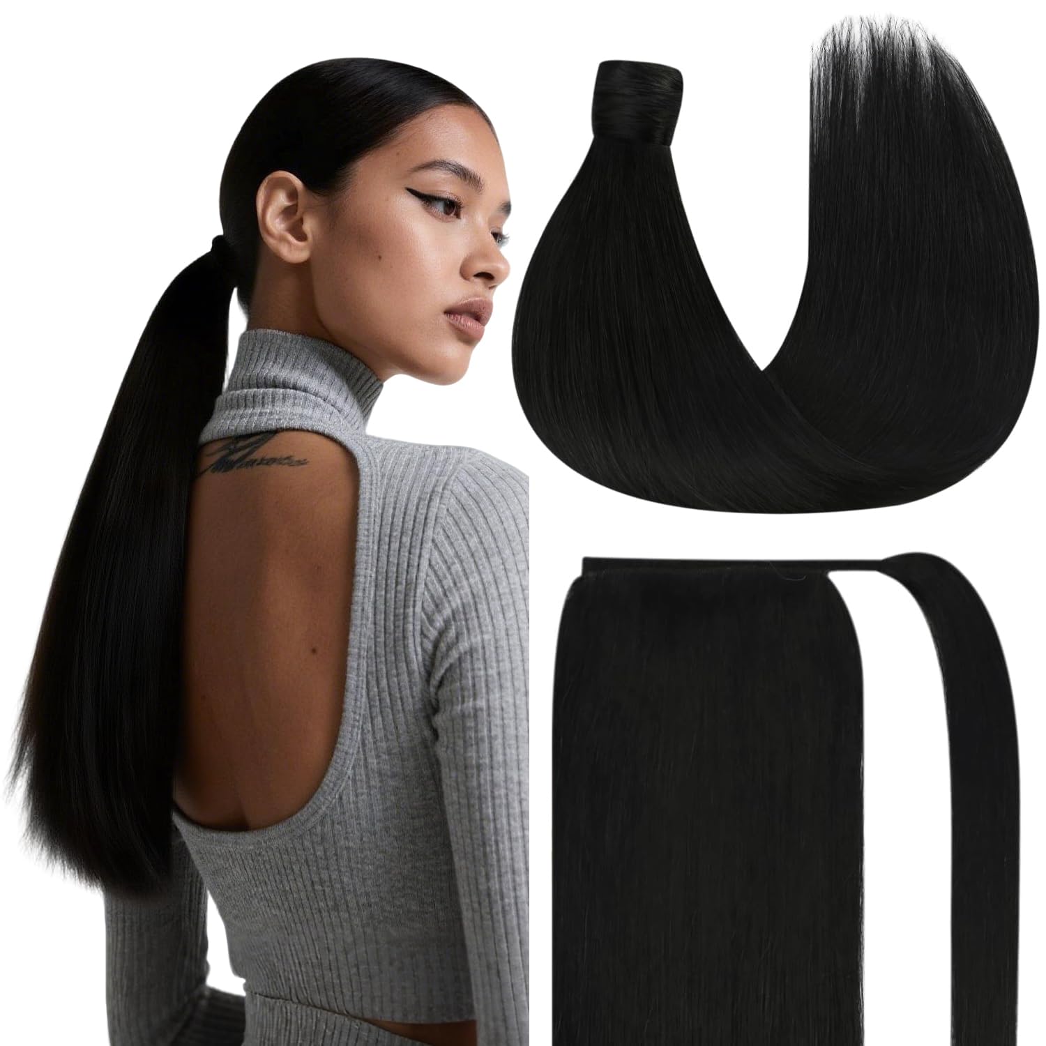 Ve Sunny Ponytail Extension Real Human Hair for Women Clip in Ponytail Hair Extension Straight Hair Pieces Wrap Around Jet Black 20inch 80G
