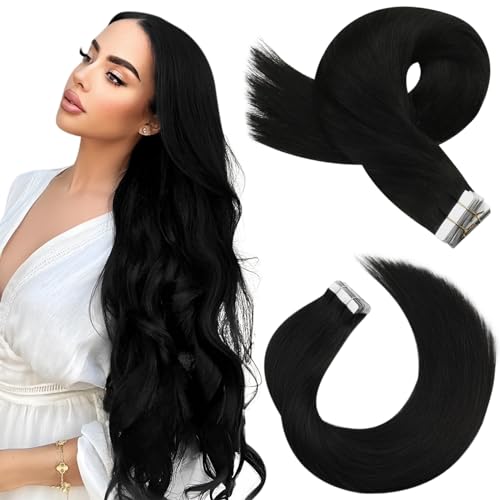 Moresoo Black Tape in Extensions 28 Inch Long Black Tape in Hair Extensions Real Human Hair 20Pcs 50G Human Hair Extensions Glue in Remy Hair Color #1B Long Straight Hair