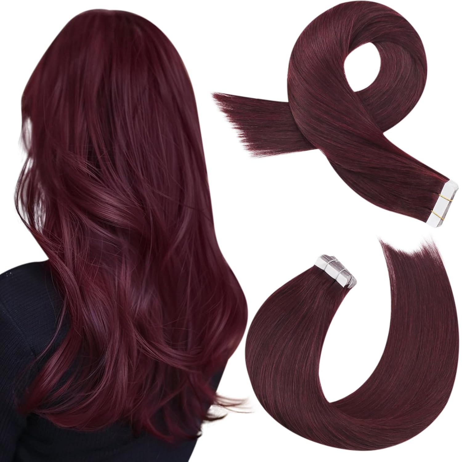 Moresoo Burgundy Tape in Extensions Human Hair Seamless Hair Extensions Tape in Real Human Hair Extensions Wine Red Tape in Hair Extensions Human Hair Silky Straight Hair 24 Inch #99J 20pcs 50g