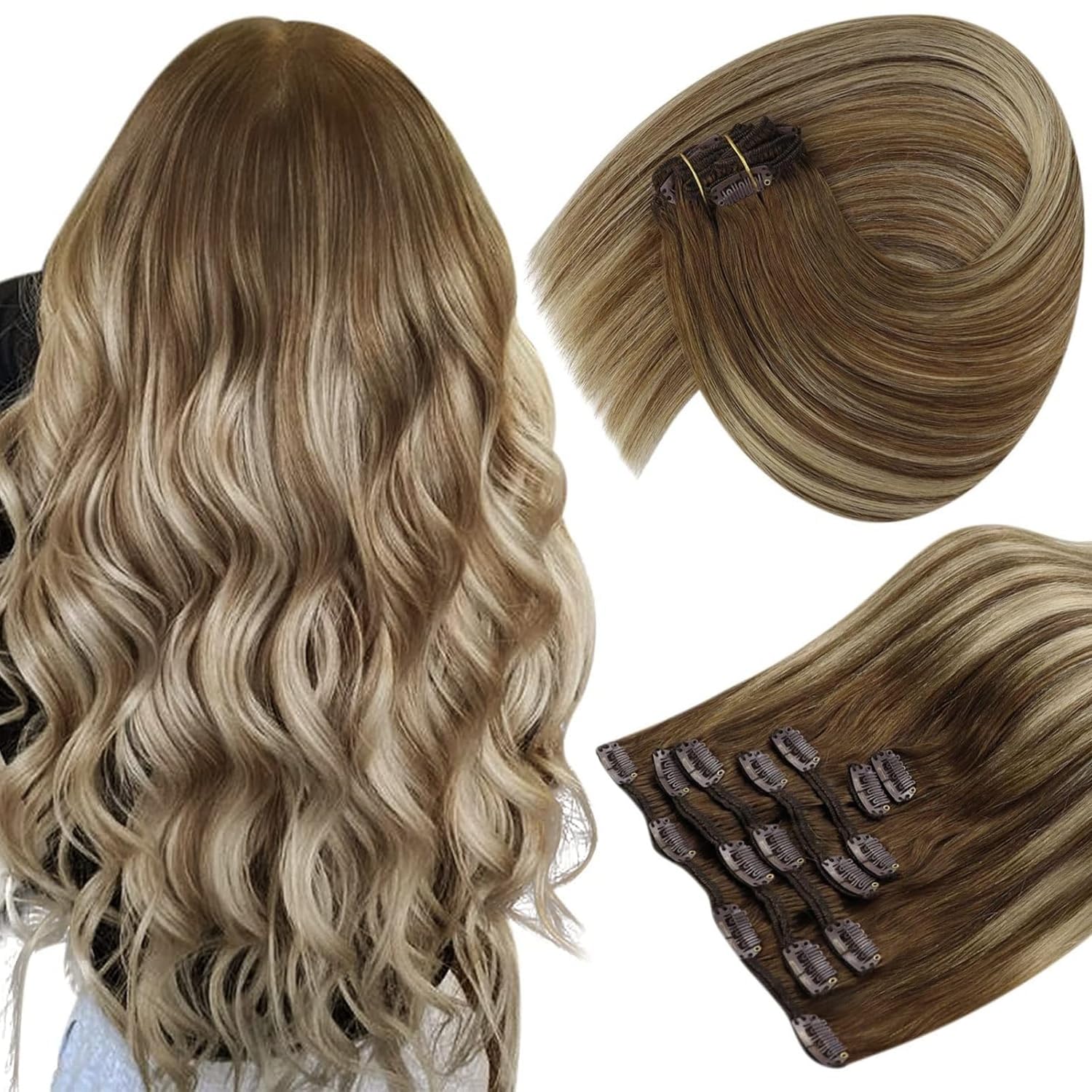 Sunny Hair Clip in Hair Extensions Straight Human Hair Clip in Extensions Remy Clip in Hair Extensions Real Human Hair Extensions Clip ins Chestnut Brown Balayage Platinum Blonde Ombre 18inch