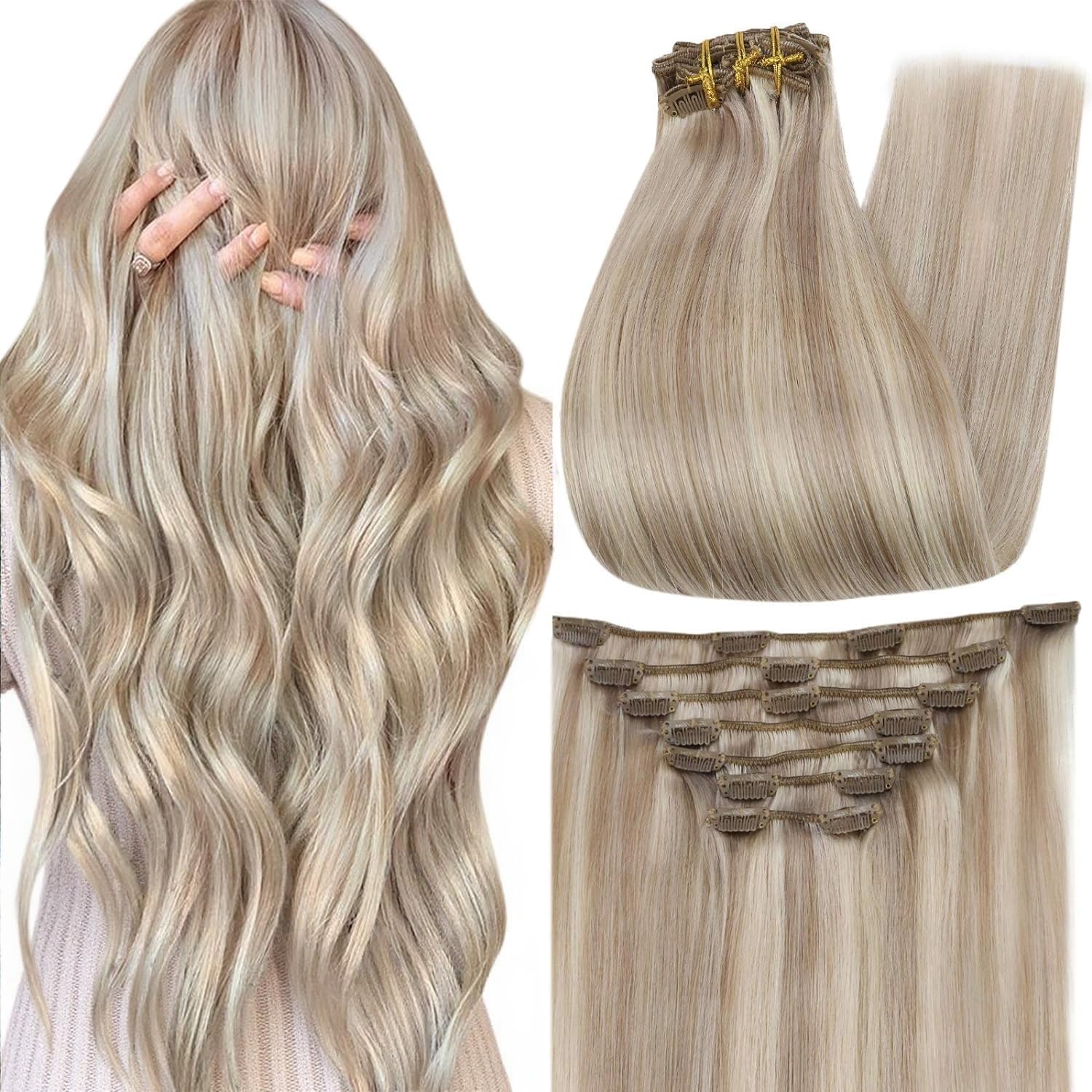 Full Shine Blonde Clip in Human Hair Extensions Highlights Remy Clip in Hair Extensions Double Weft Silky Straight 7 Pcs Invisible Natural Hair Ash Blonde Highlight 18 Inch 120 G