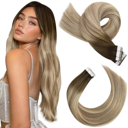Moresoo Ombre Tape in Extensions Human Hair Balayage Brown to Light Brown Mixed Blonde Hair Extensions Tape in Human Hair Seamless Glue in Extensions Real Human Hair 22 Inch #3/8/22 20pcs 50g