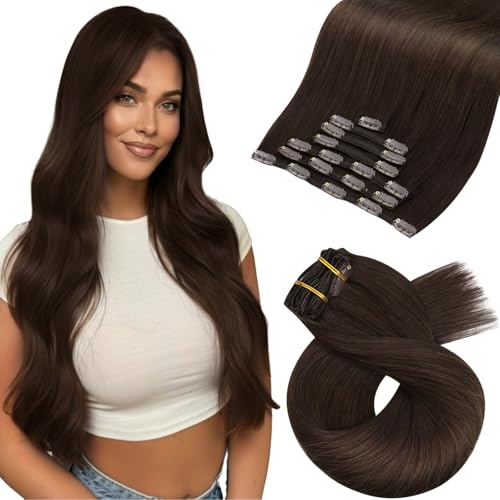 Moresoo Medium Brown Clip in Hair Extensions Remy Straight Double Weft Real Hair Extensions Clip in Human Hair Brown #4 Full Head Set 7pcs 120Gram 18 Inch