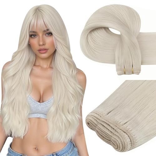 Easyouth Weft Hair Extensions Human Hair Blonde Sew in Real Hair Extensions White Blonde Straight Hair Extension Real Human Hair Weft for Women 14 Inch 70G