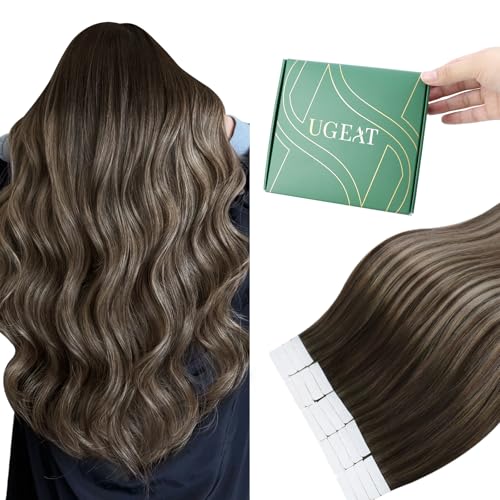 Ugeat Tape in Extensions Dark Brown Balayage Human Hair Tape in Extensions Ombre Ash Brown for Women Invisible and Natural Looking for Daily Use 18 Inch 50G 20Pcs