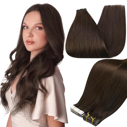 Full Shine Tape in Human Hair Extensions 14Inch Seamless Skin Weft Adhesive Tape Hair Extensions Real Human Hair Color 2 Dark Brown Glue in Remy Human Hair Extension 20Pcs 50g Thick End for Women