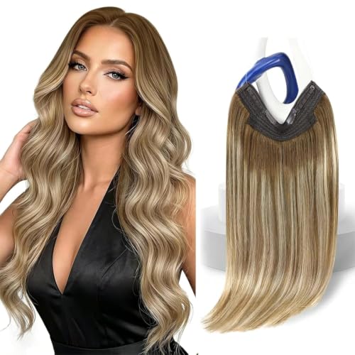 Sunny Wire Hair Extensions Real Human Hair Fish Line Human Hair Extensions Invisible Wire Extensions Light Brown to Platinum Blonde with Brown Highlights #6/60/6 18 Inch