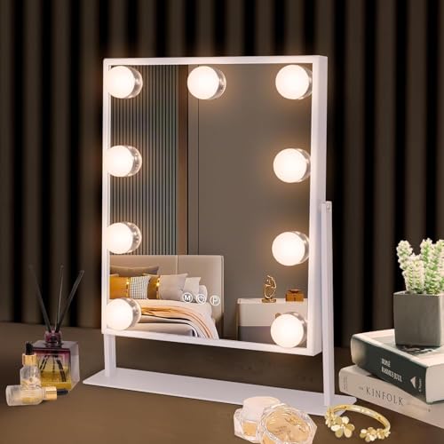 Hansong Vanity Mirror with Lights Lighted Makeup Mirror with 9 LED Bulbs Plug in Light Up Makeup Mirror with Lights 360 Rotation with 10x Magnifying Mirror Tabletop