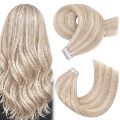 Moresoo Tape in Hair Extensions Human Hair Highlighted Hair Extensions Tape in Ash Blonde Highlighted with Bleach Blonde Hair Extensions Real Human Hair Tape in 18 Inch #P18/613 20pcs 50g