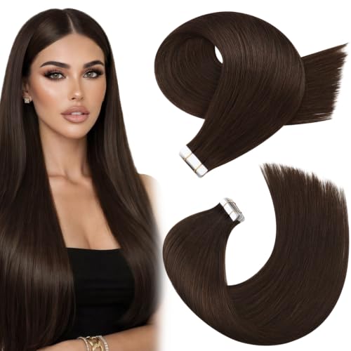Moresoo Dark Brown Tape in Hair Extensions Brown Tape in Human Hair Dark Brown Real Human Hair Glue in Extensions #4 20Pcs 50G 18 Inch
