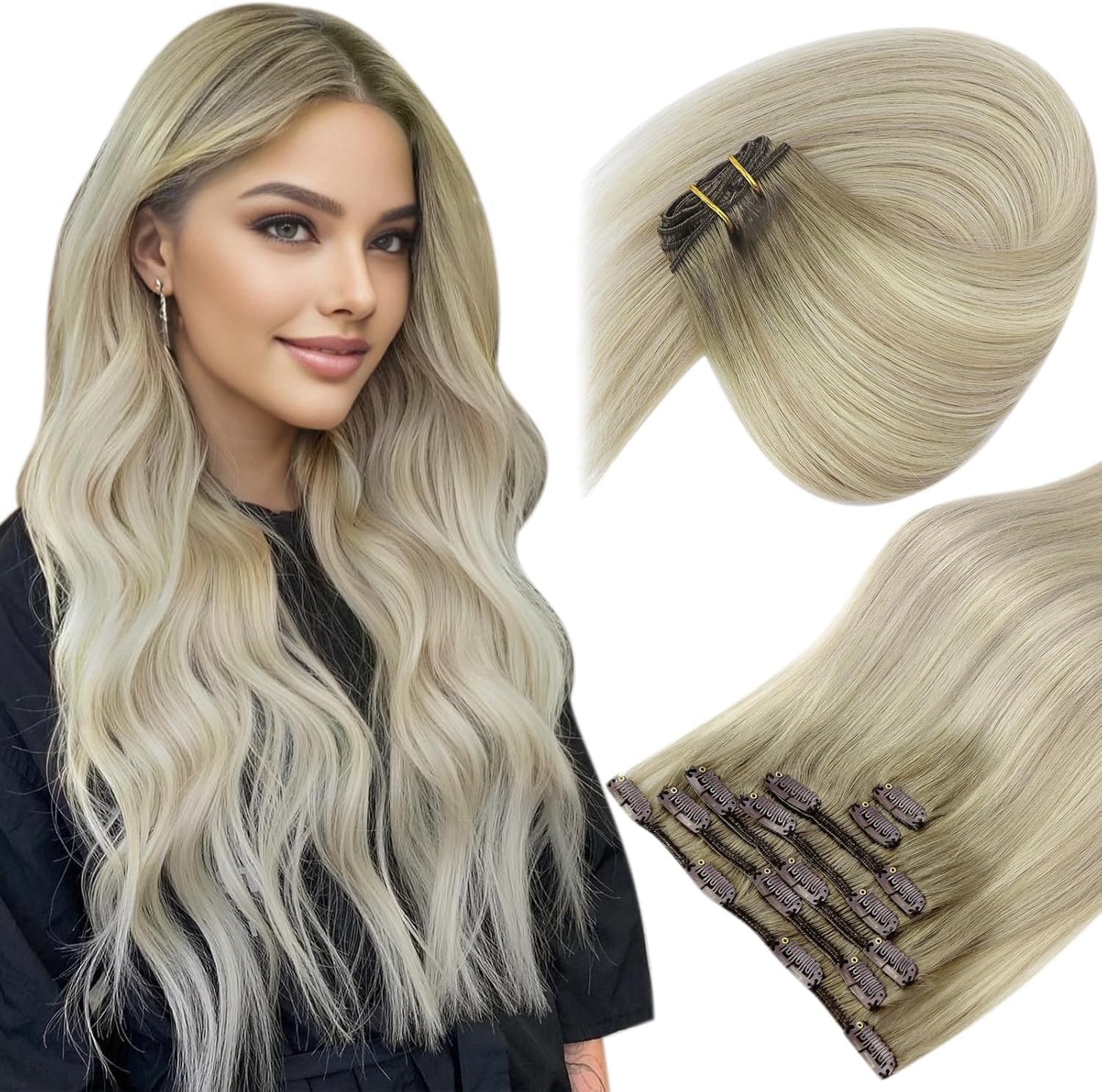 Sunny Ombre Clip in Hair Extensions Real Human Hair Clip in Remy Hair Extensions Ash Blonde Ombre Sunkissed Blonde Remy Clip in Human Hair Extensions Double Weft 120g 7pcs 18inch
