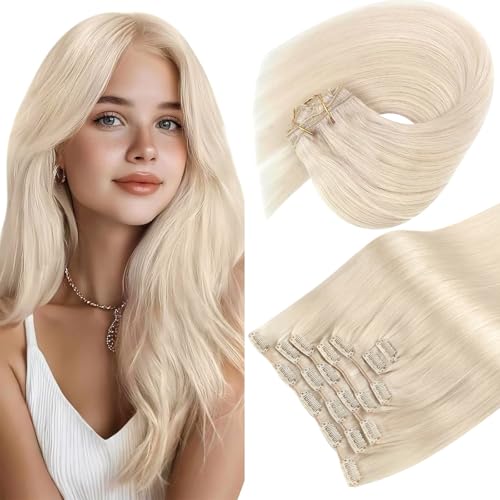 Sunny Hair Clip in Hair Extensions Straight Human Hair Clip in Extensions Remy Clip in Hair Extensions Real Human Hair Extensions Clip ins Platinum Blonde White Color 24inch