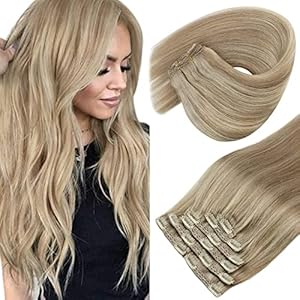 Sunny Clip in Human Hair Extensions, Golden Blonde Highlights Light Blonde Clip in Hair Extensions Real Human Hair Blonde Hair Extensions Popular Color 7pcs 100G 14inch