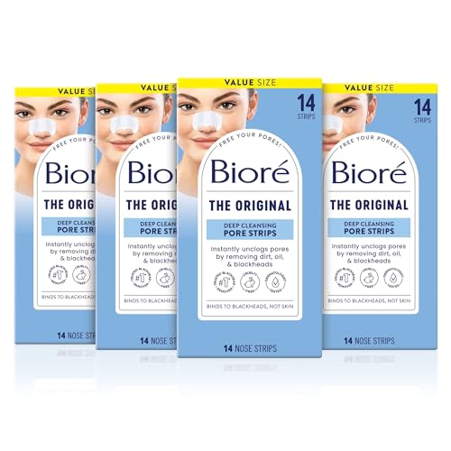 Biore Original Blackhead Remover Strips, Deep Cleansing Nose Strips With Instant Pore Unclogging, Features C-Bond Technology, Oil-Free, Non-Comedogenic Use, 14 Count, Pack of 4