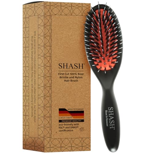 SHASH Since 1869 Hand Made In Germany - Nylon Boar Bristle Brush Suitable For Normal to Thick Hair Gently Detangles, No Pulling or Split Ends - Softens Improves Hair Texture, Stimulates (Extra Small)