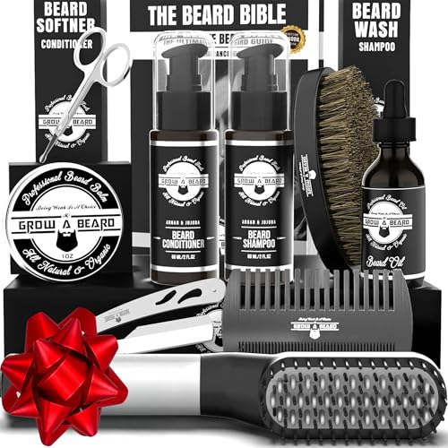 Beard Straightener Grooming Kit for Men, Beard Growth Kit, Wash, Brush & Comb, Unscented Growth Oil, All Natural Chanel Balm, Conditioner, Razor & Scissors, Great Gift Idea for Men's (Black)