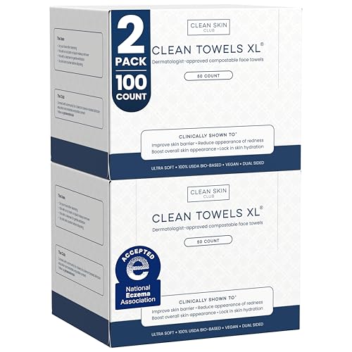 Clean Skin Club Clean Towels XL, 100% USDA Biobased Face Towel, Disposable Face Towelette, Eczema Association Accepted, Makeup Remover Dry Wipes, Ultra Soft, 50 ct per pack, 2 Packs, 100 Ct Total