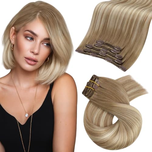 Moresoo Clip in Hair Extensions Brown And Blonde Straight Real Hair Extensions Clip in Human Hair Short for Women Balayage Light Brown to Medium Blonde Double Weft 80g/5pcs 12 inch