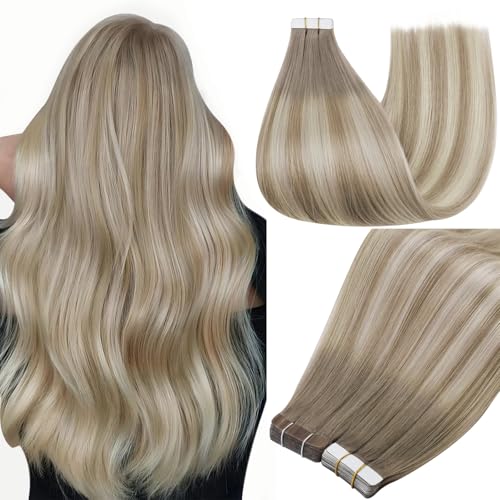 Full Shine Tape in Hair Extensions 18Inch Tape in Extensions Human Hair Color 19/8/60 Seamless Skin Weft Remy Extension Real Human Hair for Women Grey And Blonde 50G Straight for Wedding 20Pcs