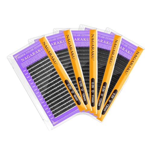 NAGARAKU 5 Trays Eyelash Extensions Individual Lashes 0.05mm D curl 9/10/11/12/13mm in 1 pack Classic Soft Natural Professional Faux Mink 16 rows