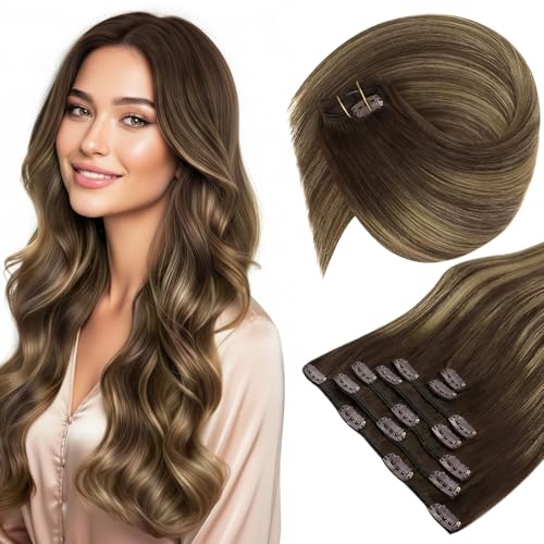 Sunny Hair Clip in Hair Extensions Straight Human Hair Clip in Extensions Remy Clip in Hair Extensions Real Human Hair Extensions Clip ins Balayage Chocolate Brown Ombre Caramel Blonde 14inch