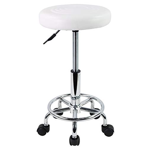 KKTONER PU Leather Modern Round Rolling Stool with Footrest Height Adjustable Spa Drafting Salon Tattoo Work Massage Stools Task Chair Small (White)