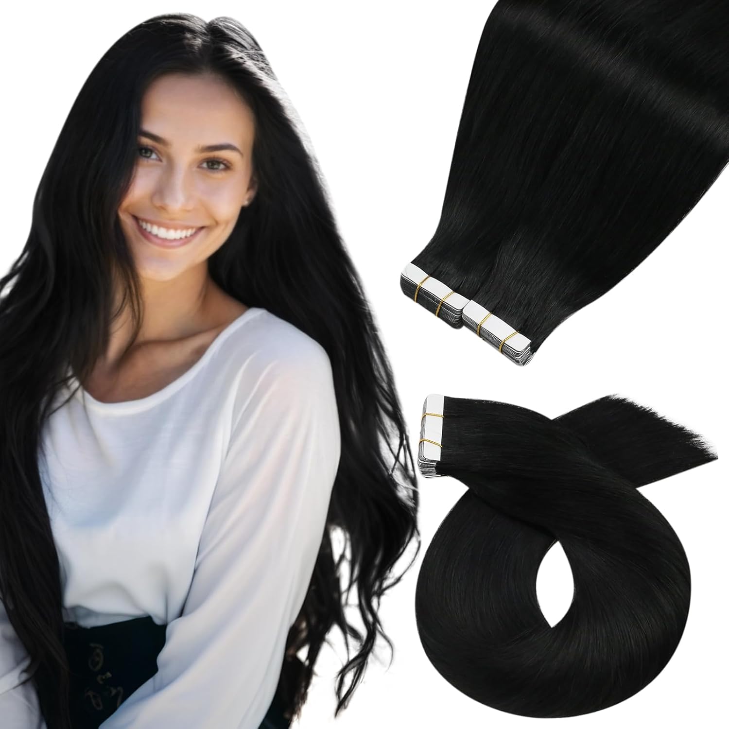 Moresoo Black Tape in Human Hair Extensions Jet Black Tape in Hair Extensions Real Human Hair Invisible Glue in Extensions Straight Real Hair Extensions #1 40 Pieces 80g 14 Inch