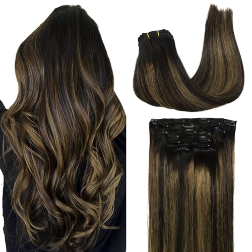 GOO GOO Clip in Hair Extensions Real Human Hair, Remy Human Hair Extensions Clip ins for Women, Natural Human Hair, 14inch 120g 7Pcs, 1B/6/1B Balayage Natural Black to Chestnut Brown