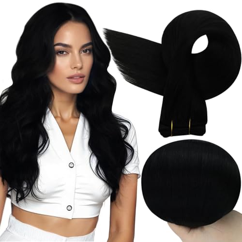 Full Shine Sew In Hair Extensions Real Human Hair Black Weft Hair Extensions Human Hair Sew In Extensions Double Weft Color Jet Black Human Hair Bundles 22Inch 105G