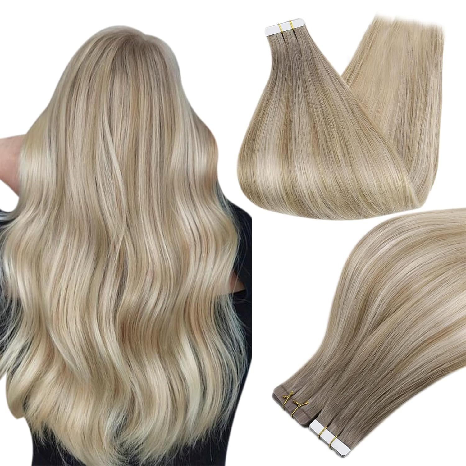 Full Shine Tape in Hair Extensions 20Inch Tape in Extensions Color 19/8/60 Grey Fading to Ash Brown And Blonde Remy Tape ins Human Hair Seamless Skin Weft for Women 50G Straight Hair Extensions 20Pcs