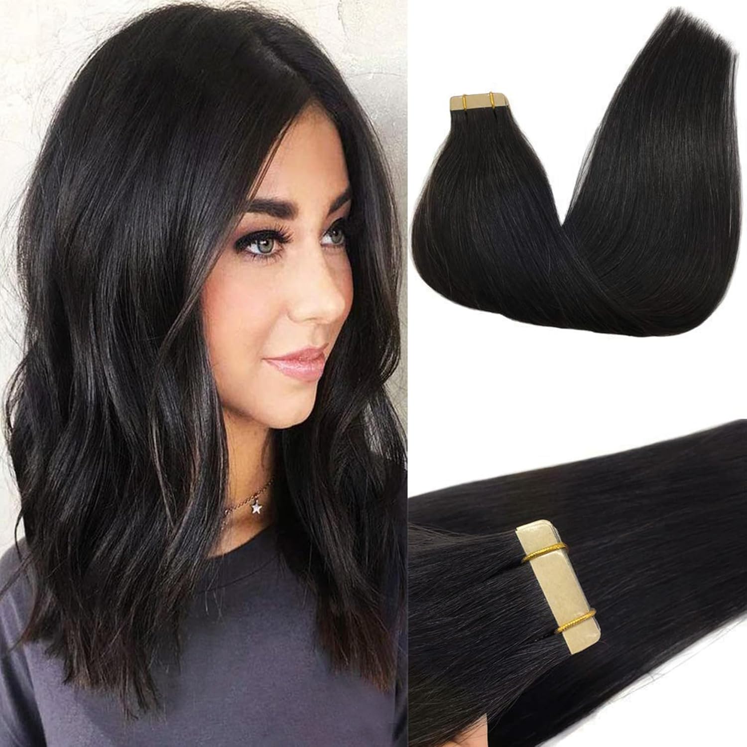GOO GOO Tape in Hair Extensions Human Hair, 1B Natural black, 14inch 50g 20pcs, Skin Weft Seamless Invisible, Silky Straight with Thick Ends, Remy Human Hair
