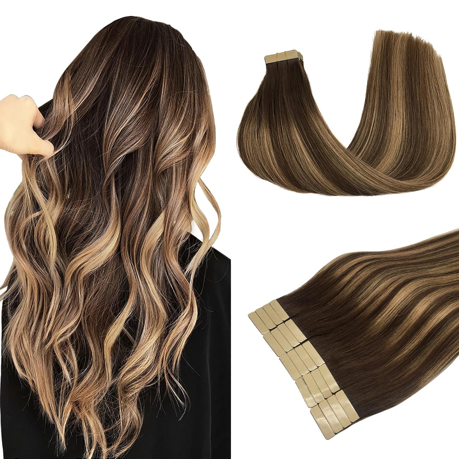 DOORES 20pcs 50g Tape in Hair Extensions Real Hair Balayage Chocolate Brown to Caramel Blonde Remy Human Hair Extensions Tape in Natural Hair Straight Skin Weft 22 Inch