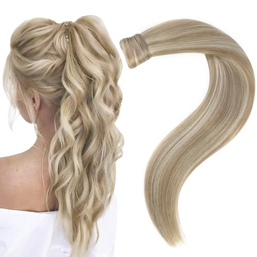 Easyouth Ponytail Extension Human Hair Blonde Highlight Ponytail Hair Extensions Golden Blonde Mixed Dark Ash Blonde Human Hair Ponytail Extension for Women 18 Inch 80g