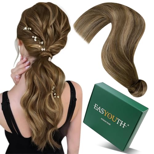 Easyouth Ponytail Extension Human Hair Balayage Pony Tails Hair Extensions Medium Brown Ombre Caramel Blonde Hair Extensions Ponytail 12 Inch 70g Short Straight Hair