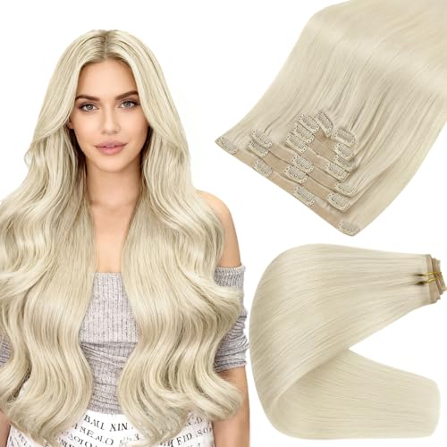 Full Shine White Blonde Clip in Hair Extensions Real Human Hair Seamless Hair Extensions Clip in Human Hair Skin Weft Invisible Clip ins Long Hair Extensions 20 Inch 8Pcs 120 Grams Ice Blonde