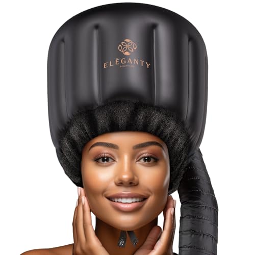 Eleganty Soft Bonnet Hood Hairdryer Attachment with Headband That Reduces Heat Around Ears and Neck to Enjoy Long Sessions - Used for Hair Styling, Deep Conditioning and Hair Drying (Black)