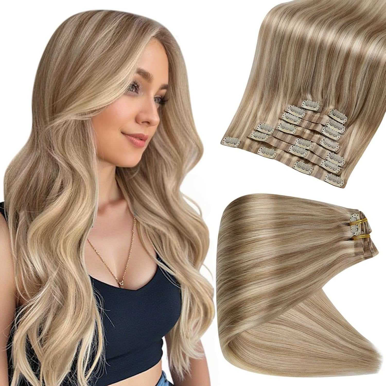 Full Shine Human Hair Clip in Extensions Balayage Seamless Hair Extensions Clip Ins Golden Blonde Mix Light Blonde Real Hair Extensions for Women Brazilian Hair 18 Inch 8 PCS 120 G