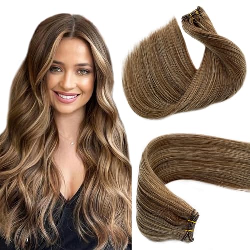 Hand Tied Weft Hair Extensions 24 Inch Sew in Ash Brown to Beige Blonde - Human Hair Bundles With Beaded Double Weft