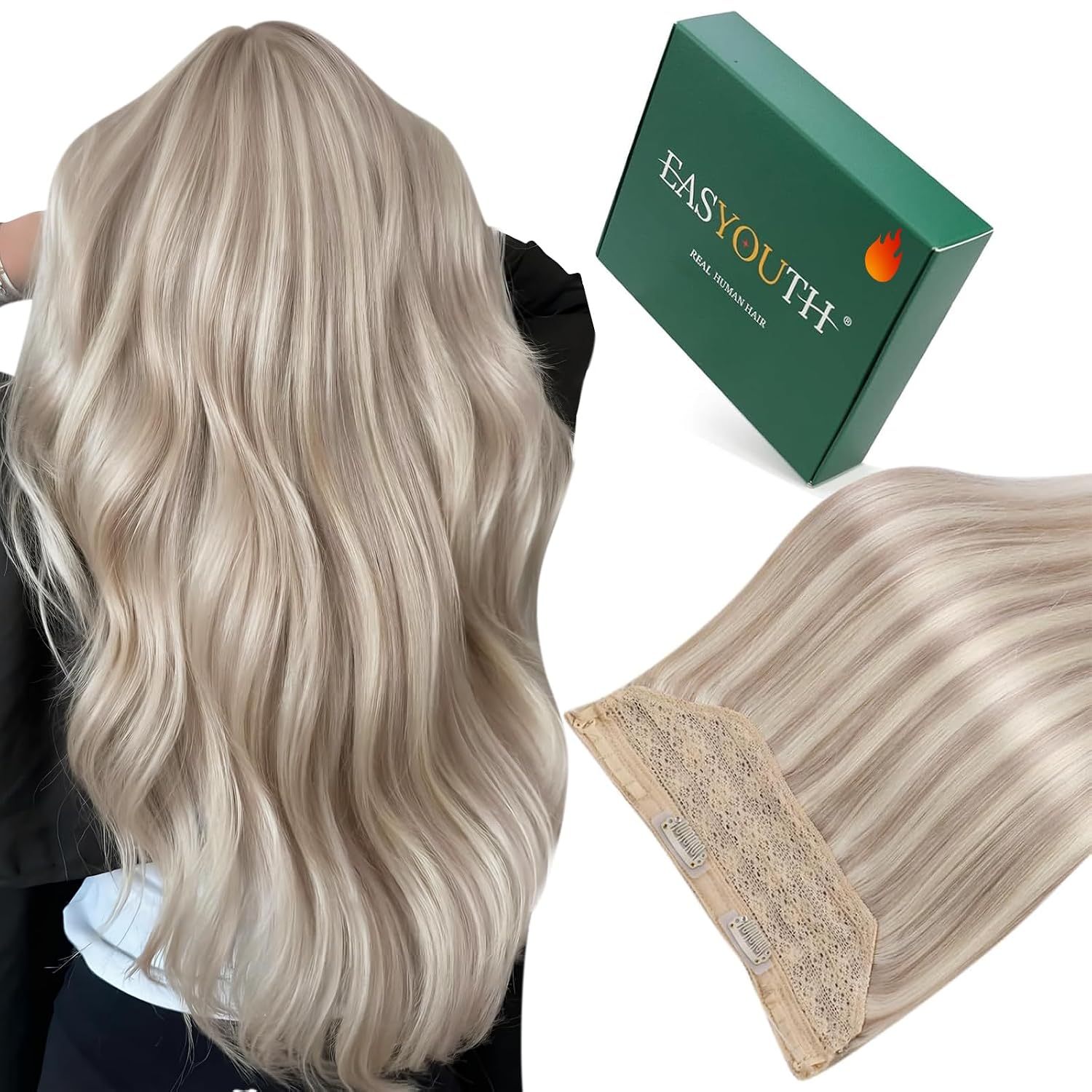 Easyouth Wire Hair Extensions Blonde Highlight Invisible Wire Hair Extensions Human Hair Highlight Ash Blonde with Blond Fish Line Human Hair Extension Natural Look 14 Inch 70g