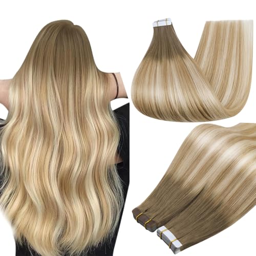 Full Shine Ombre Blonde Tape in Hair Extensions Human Hair 6/27/60 Brown to Honey Blonde 16Inch Tape in Extensions Balayage Invisible Seamless Human Hair Extensions 50Gram 20pcs for Wedding