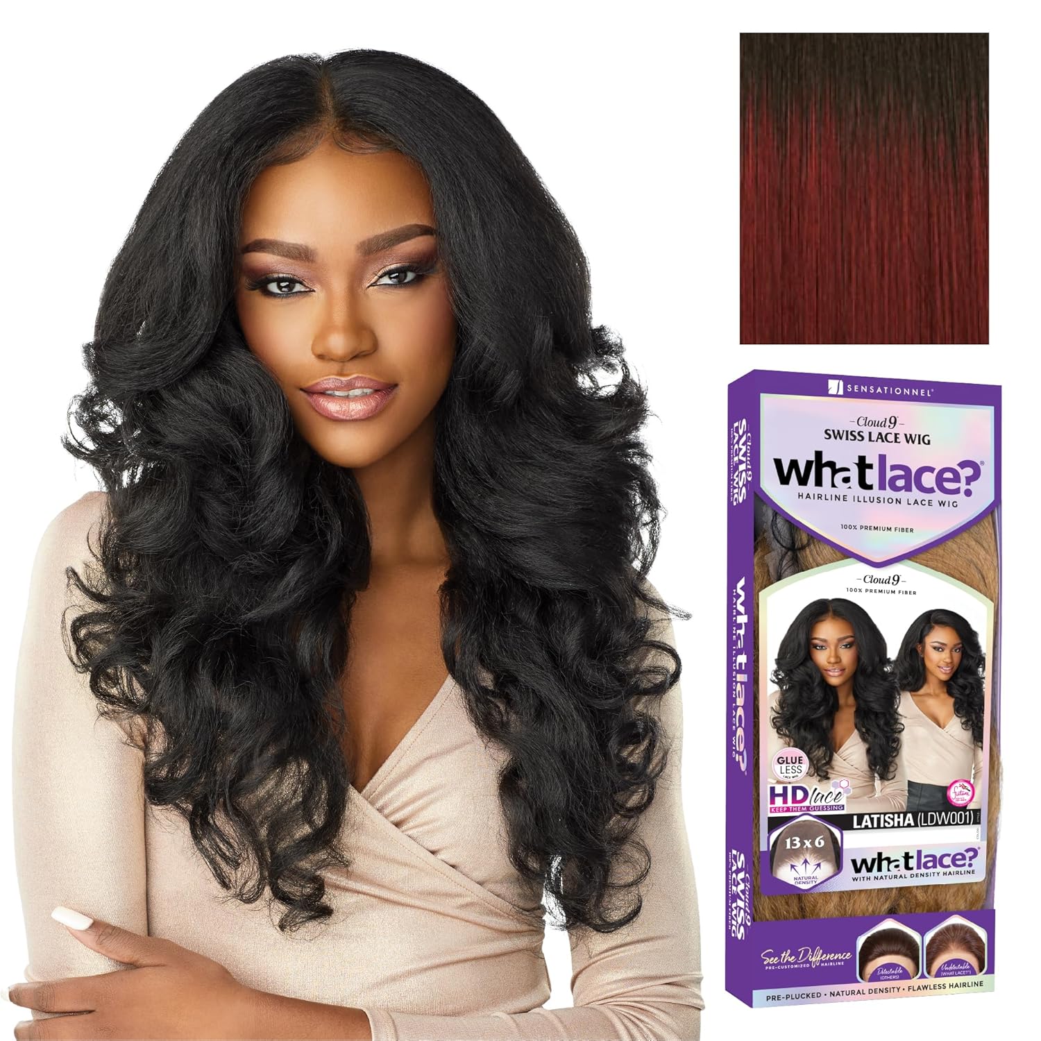 Sensationnel What Lace 13X6 Wigs - Latisha Lacefrontal Hand Tied Glueless Synthetic With Natural Density Preplucked Hairline (Tipped Off Black and Burgundy T1B/BG)