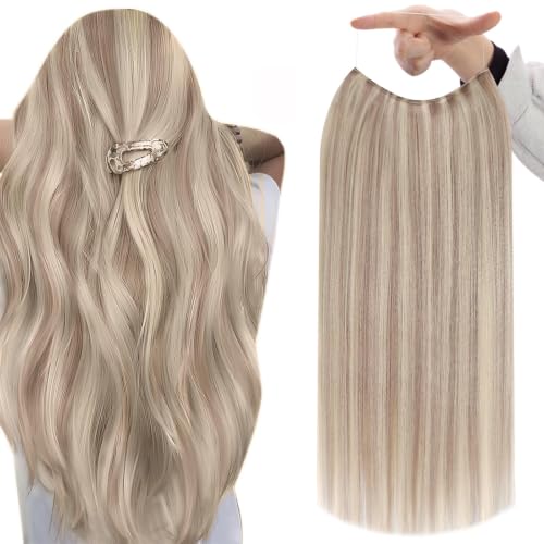 Fshine Invisible Wire Hair Extensions Real Human Hair 20 Inch Ash Blonde Highlighted Bleach Blonde 18/613 One Piece Clip in Hair Extensions Seamless Layered Hairpiece 80 G
