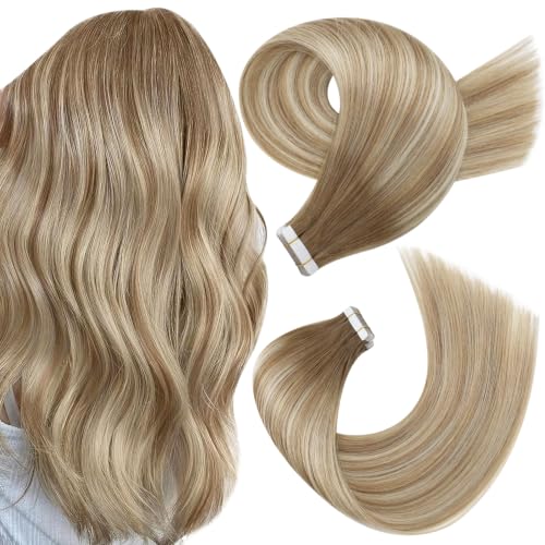 Moresoo Tape in Hair Extensions Human Hair Ombre Ash Brown to Blonde Mix with Light Blonde Hair Extensions Tape in Real Human Hair Balayage Glue in Extensions Real Hair #8/22/8 20pcs 50g 18 Inch