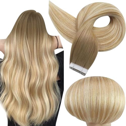Full Shine Tape in Hair Extensions Balayage Color 6/27/60 Brown And Blonde Tape in Extensions Human Hair Invisible Tape ins Human Hair Extensions Seamless Skin Weft 20Inch 50Gram 20Pcs Remy Brazilian