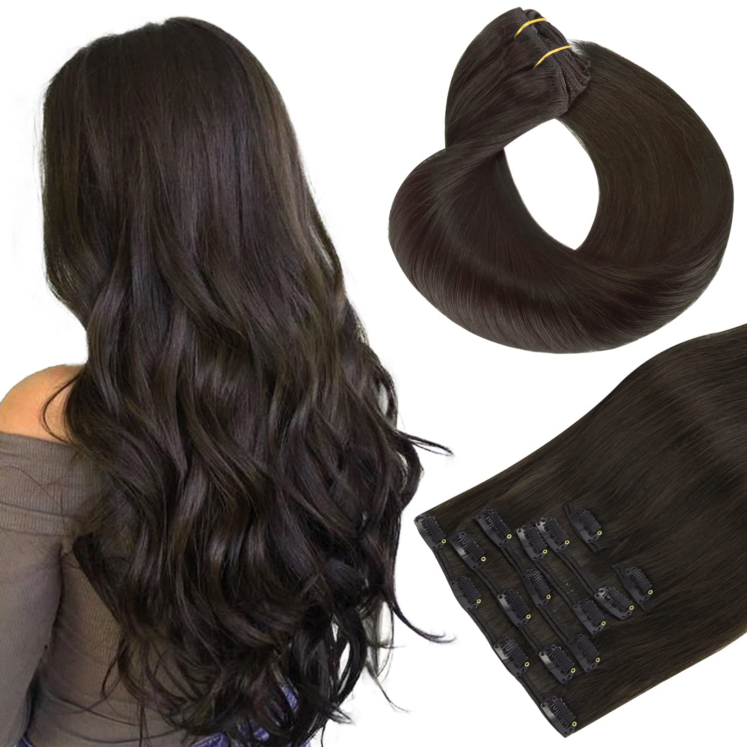 HOTBANANA Human Hair Clip in Hair Extensions, Dark Brown 120g