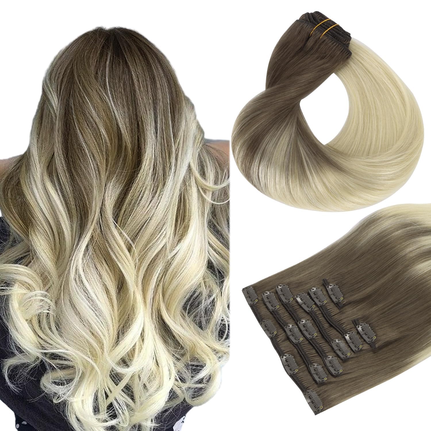 HOTBANANA Human Hair Clip in Extensions, Ombre Sandy Brown to Platinum Blonde 120g Real Human Hair Remy 18 Inch Straight 7pcs